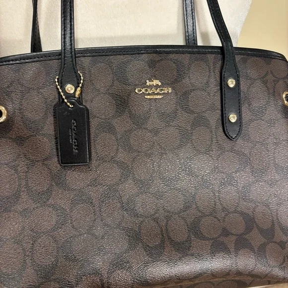 COACH Signature Drawstring Carryall Tote Bag Black/Brown - Picture 2 of 8